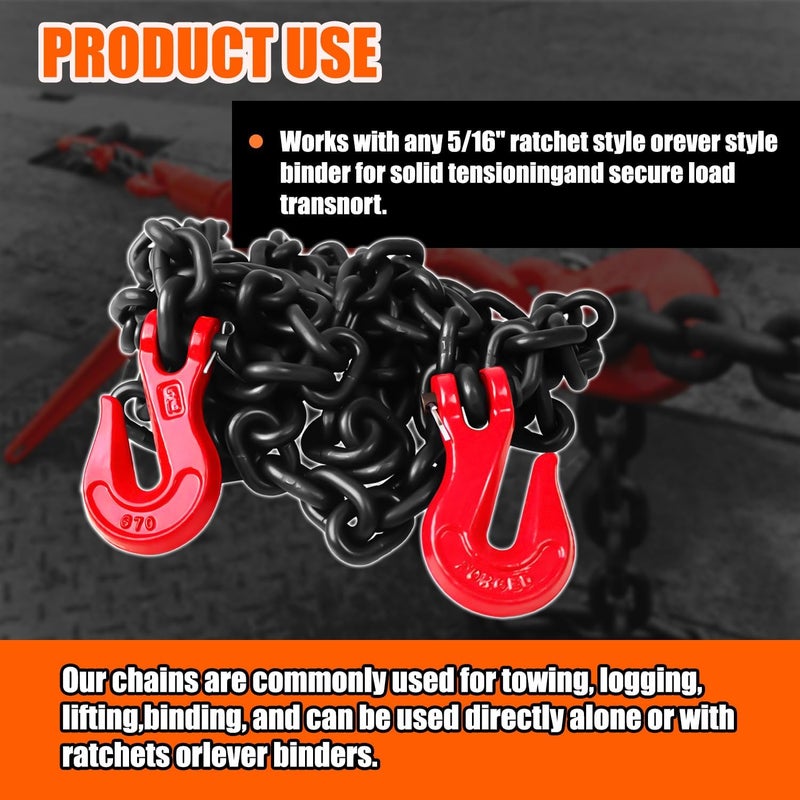 TKK G80 Transport Binder Chain 5/16 Inch x 10 Foot | 4,900 lbs Safe Working Load | Tow Chain with Clevis Grab Hooks | Ideal for Transporting, Towing, and Binding Equipment - Image 2